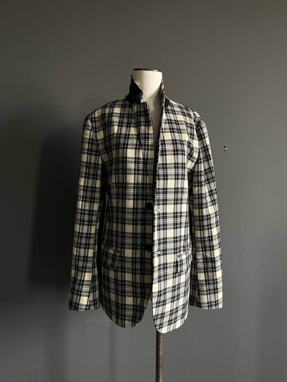 Black Cream Plaid Wool Blazer Oversized Minimalist Quiet Luxury Tailored Preppy